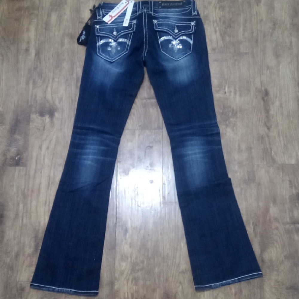 Rock Revival Women's 26 Dark Blue Jeans Bejeweled Distressed NWT